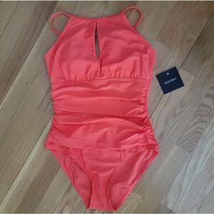 🆕️Ellen Tracy Women High Neck Over the Shoulder One Piece blue keyhole Size 6